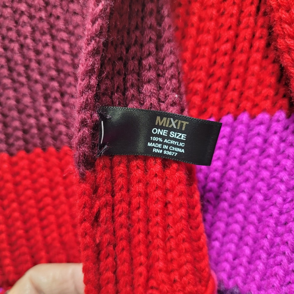 Mixit Striped Knit Scarf Fringe Acrylic Purple Red Pink One Size - Picture 2 of 4